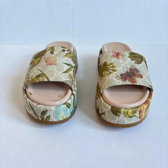 Gucci Angelina Platform Slide Sandals Beige GG Monogram Floral Canvas Size EU 38 - Picture 4 of 14